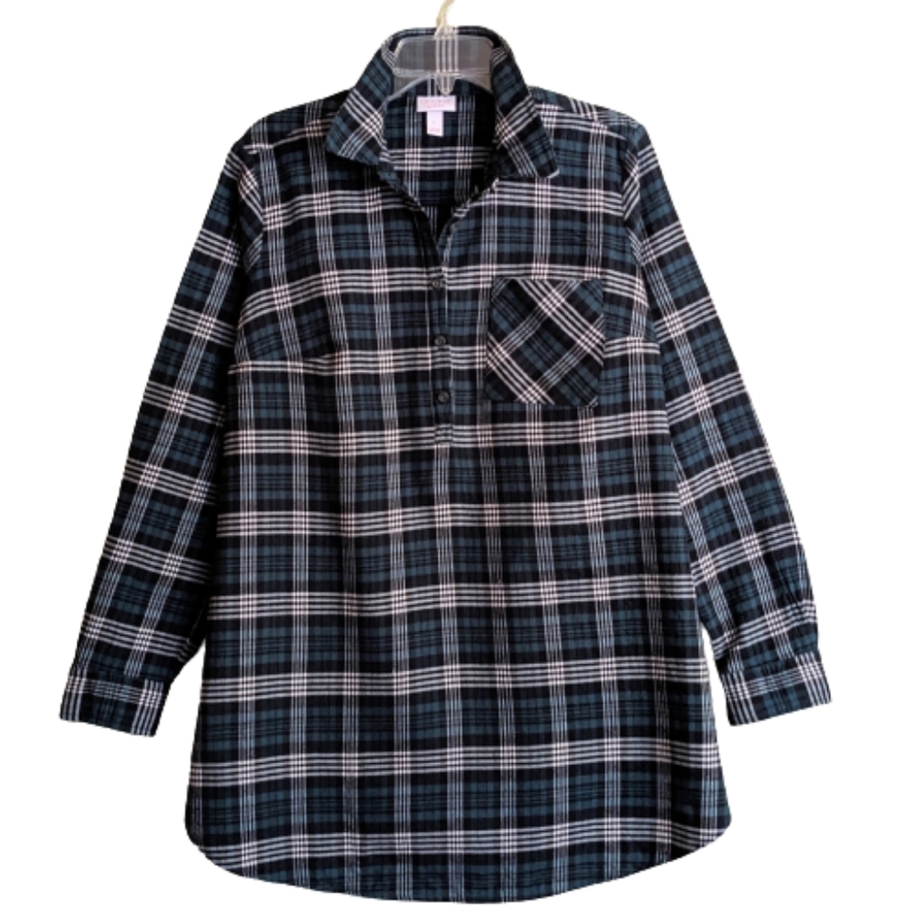 Isabel Maternity Top Shirt Soft Black Green Plaid Flannel Pop-over Tunic…
